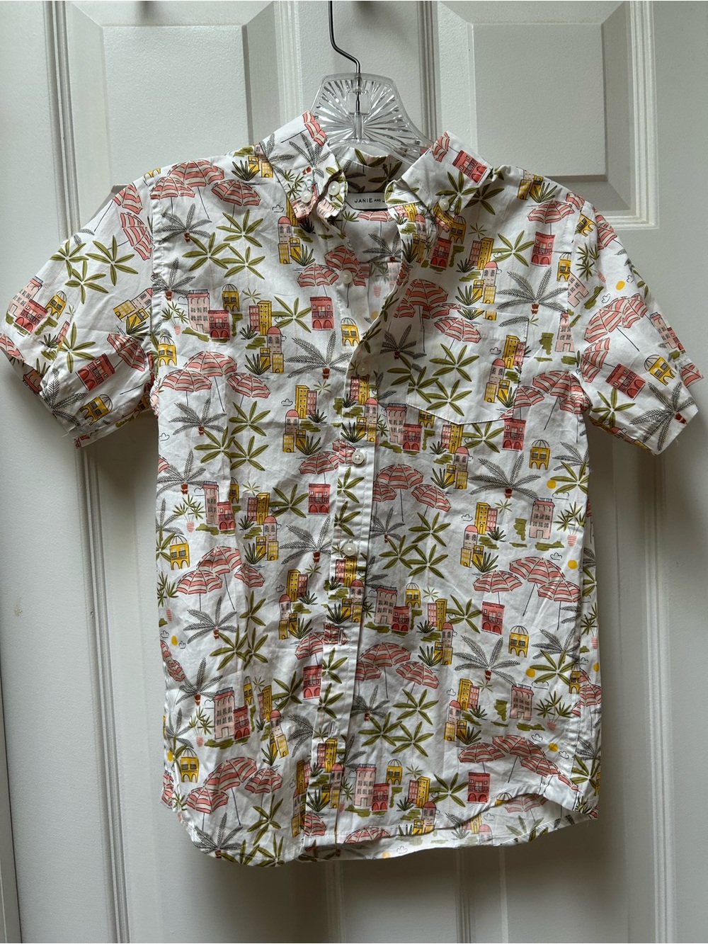 Janie and Jack Boy’s White Tropical Beach Print Short-Sleeve Button Up Shirt
